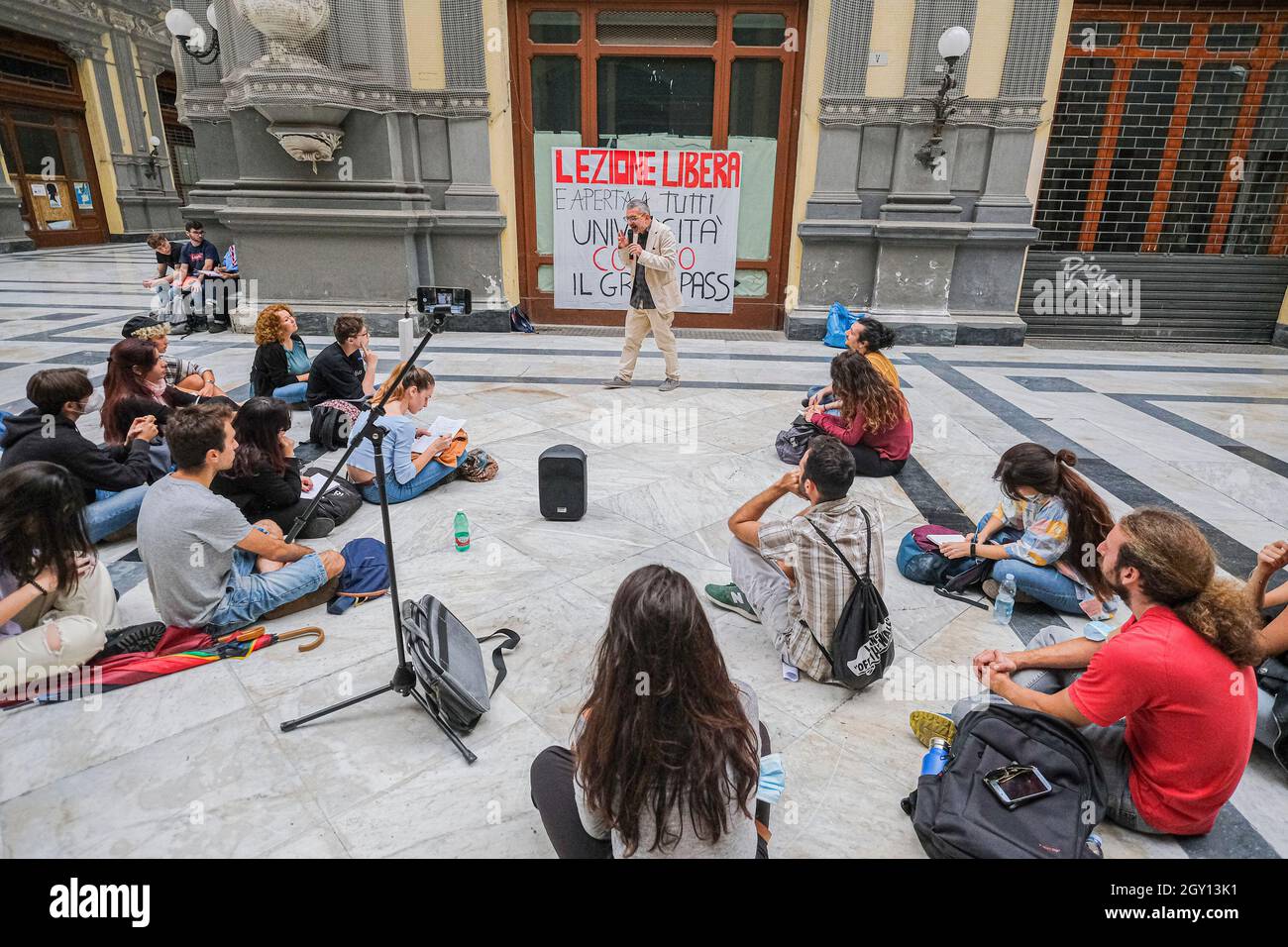 Professors and students at the University of Naples l'orientale are protesting against the government's green pass requirement to attend lectures in order to combat the COVID-19 epidemic. Stock Photo