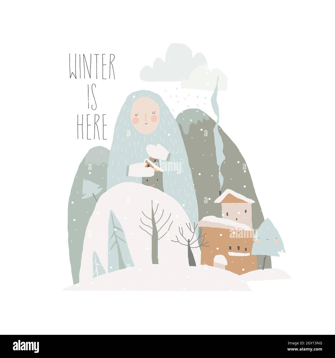 Conceptual Illustration of Mother Winter hugging House in Snowing Mountains Stock Vector