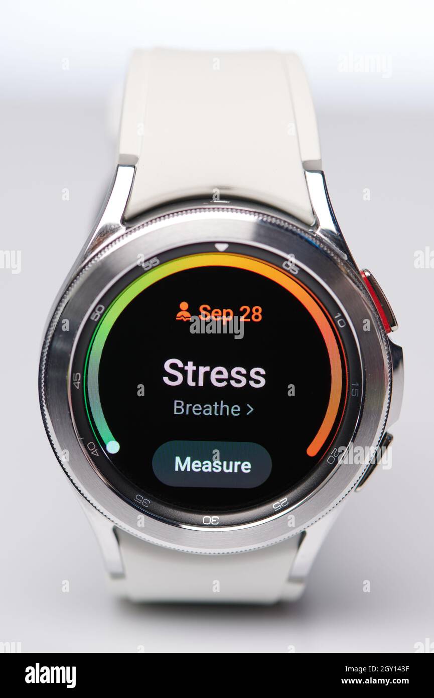 New york, USA - October 6 2021: Breathe and stress measure level using samsung galaxy watch isolated on white studio background Stock Photo