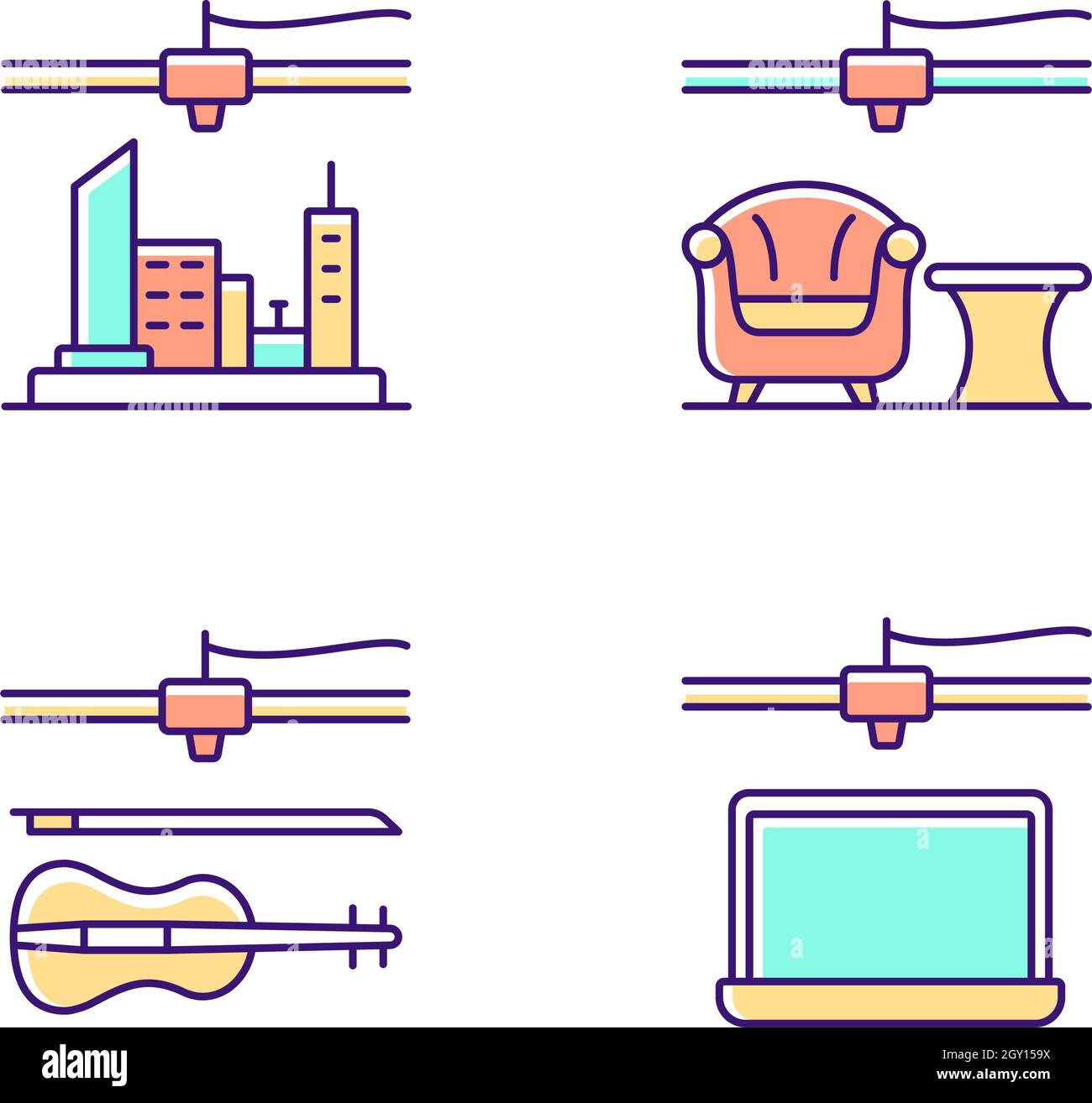 Three dimensional objects production RGB color icons set Stock Vector