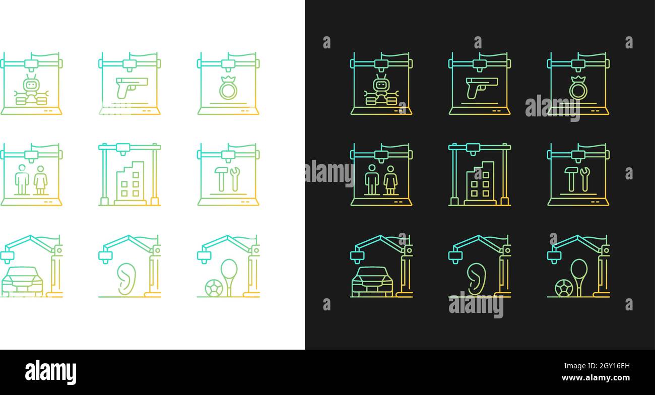 3d printing process gradient icons set for dark and light mode Stock Vector