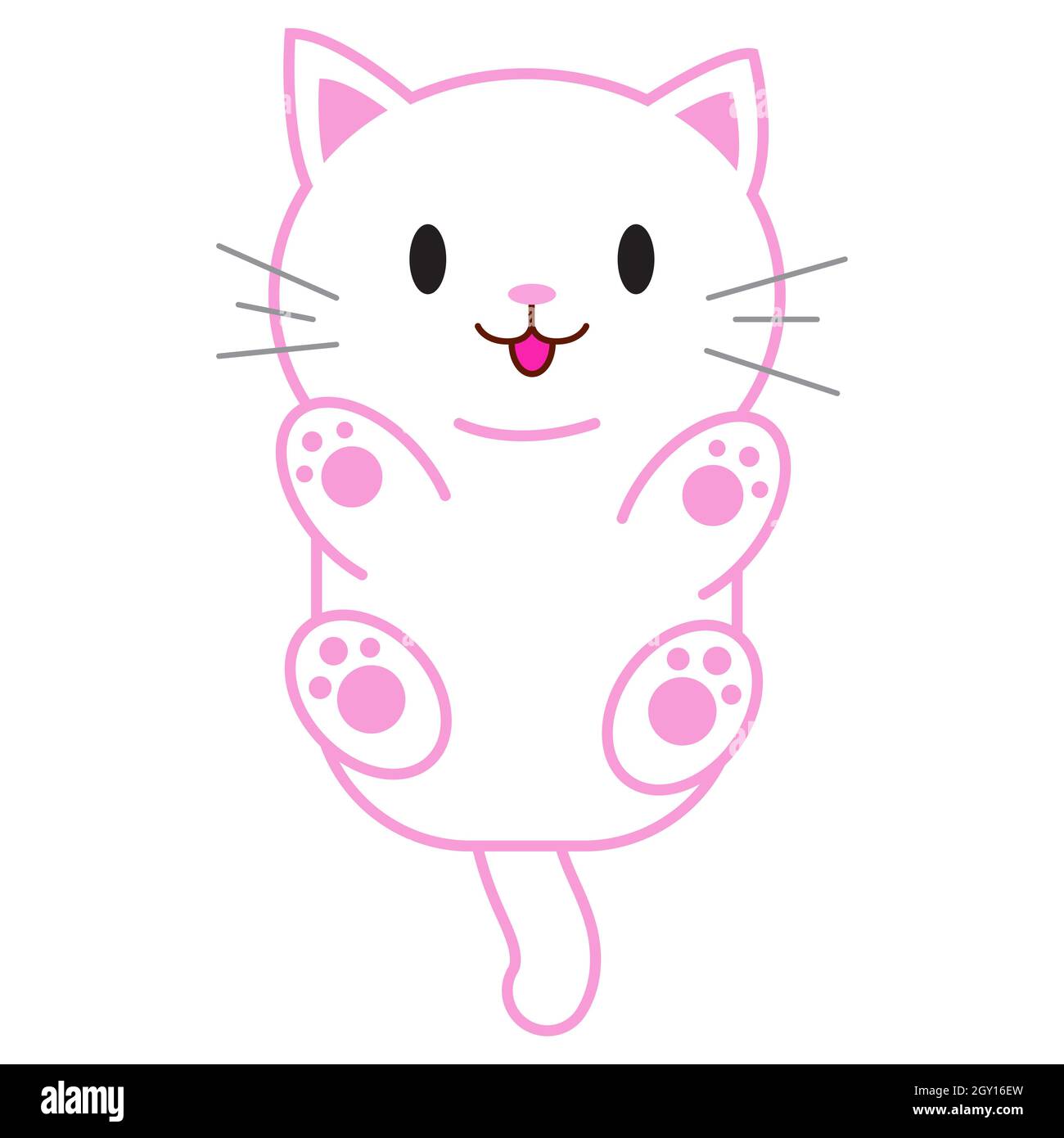 Funny cartoon cat, cute vector illustration in flat style. White and pink cat. Smiling fat kitten. Positive print for sticker, cards, clothes, textile Stock Vector
