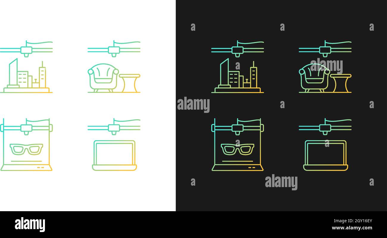 Three dimensional objects production gradient icons set for dark and light mode Stock Vector