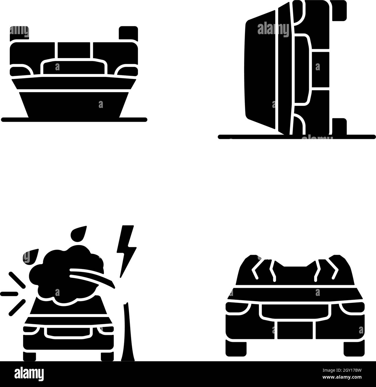 Motor vehicle collisions black glyph icons set on white space Stock Vector