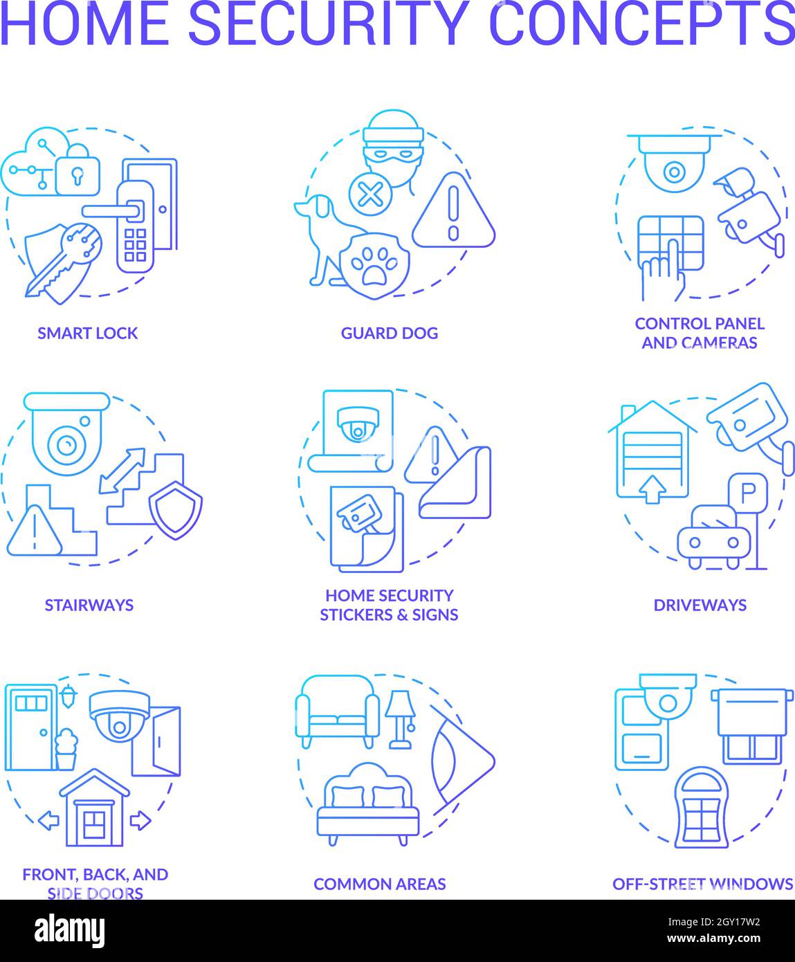 Home security blue gradient concept icons set Stock Vector