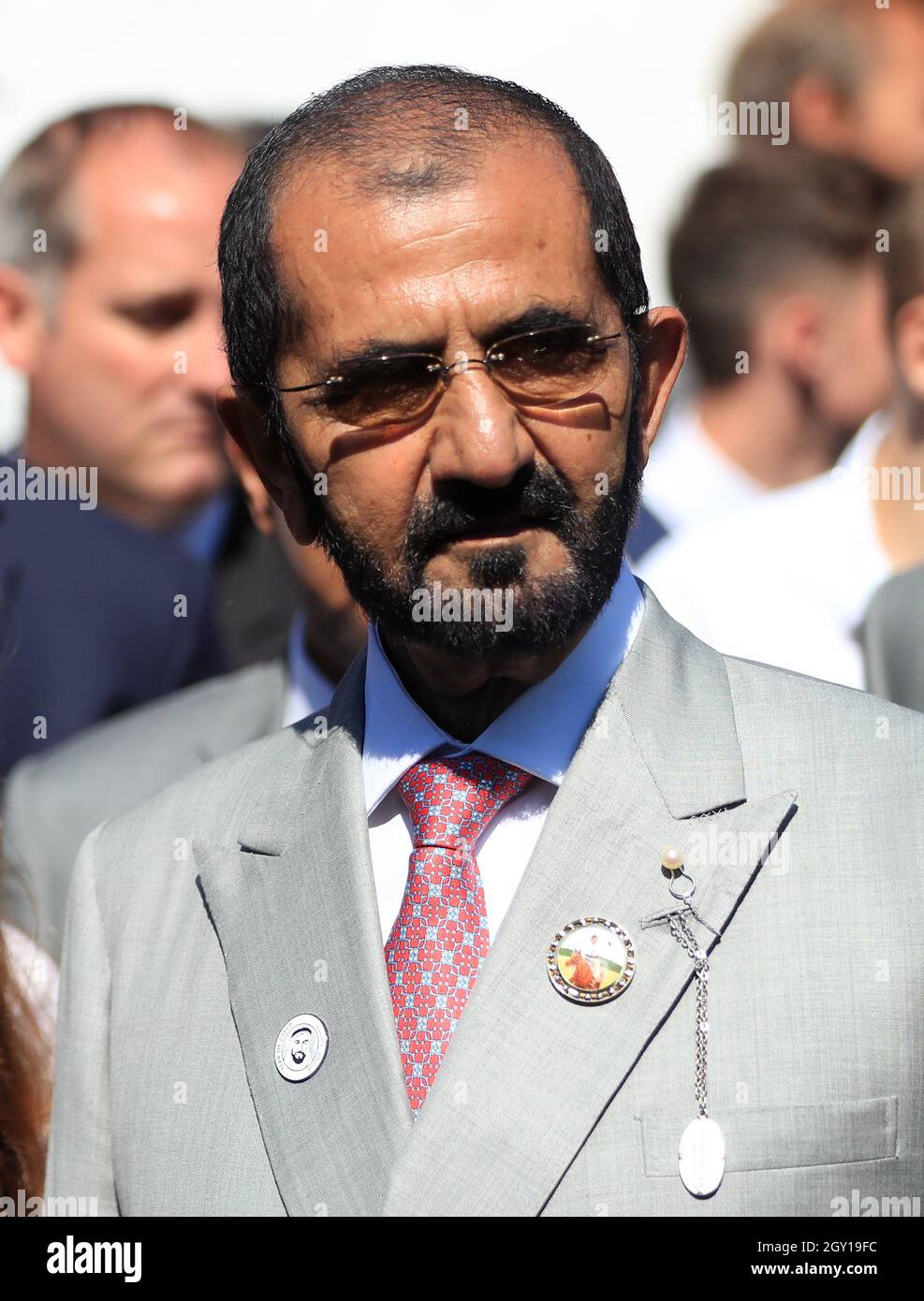 File photo dated 12/7/2018 of Sheikh Mohammed bin Rashid Al Maktoum after The Princess of Wales's Arqana Racing Club Stakes during day one of The Moet & Chandon July Festival at Newmarket Racecourse. The ruler of Dubai authorised the hacking of his former wife and her lawyersÕ phones with multi-million-pound spyware during a legal battle over their two children, the High Court has found. Sheikh Mohammed bin Rashid Al Maktoum, 72, gave his 'express or implied authority' for the phone of his sixth wife Princess Haya Bint Al Hussein, 47, to be infiltrated with Pegasus spyware during the ongoing l Stock Photo
