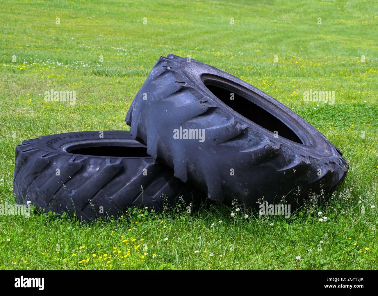 Two large worn out black tractor tires abandoned on a green lawn in