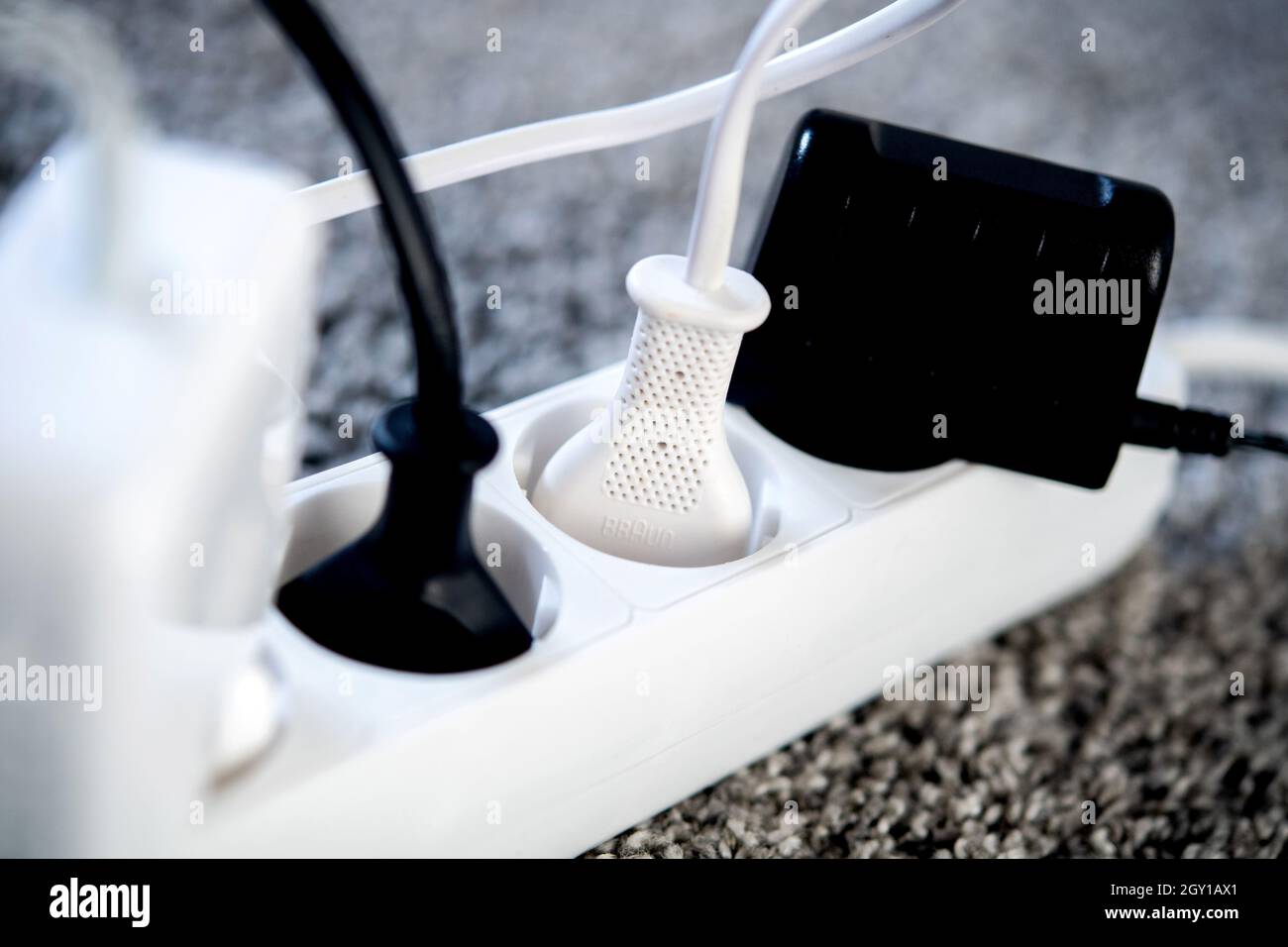 PRODUCTION 04 October 2021, Lower Saxony, Hanover The power plugs of