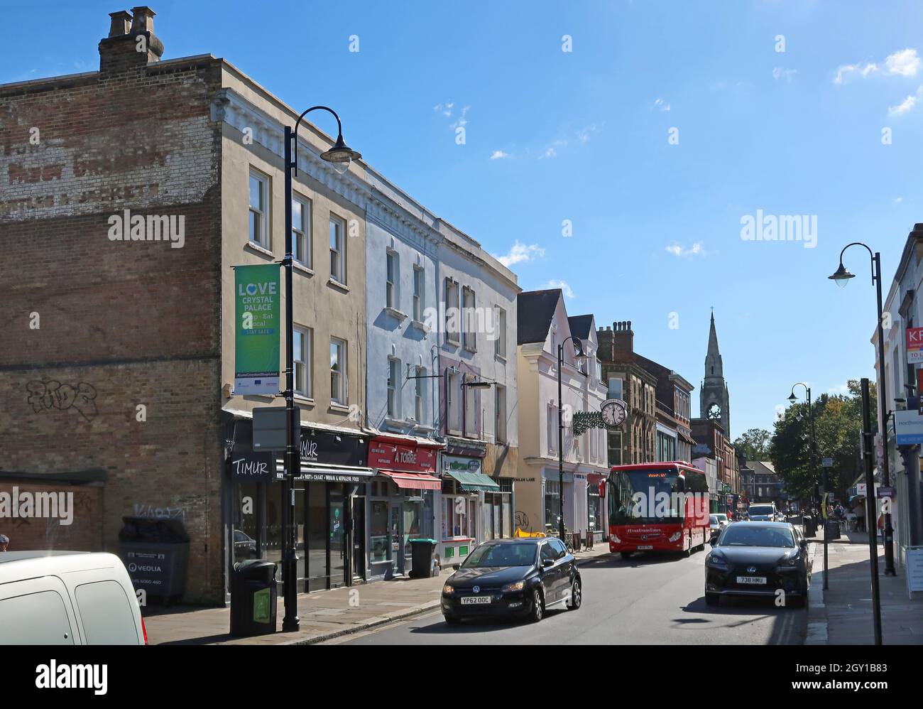 Westow Street, Crystal Palace, south London, UK. Busy shopping street packed with trendy cafes and independent shops. Stock Photo