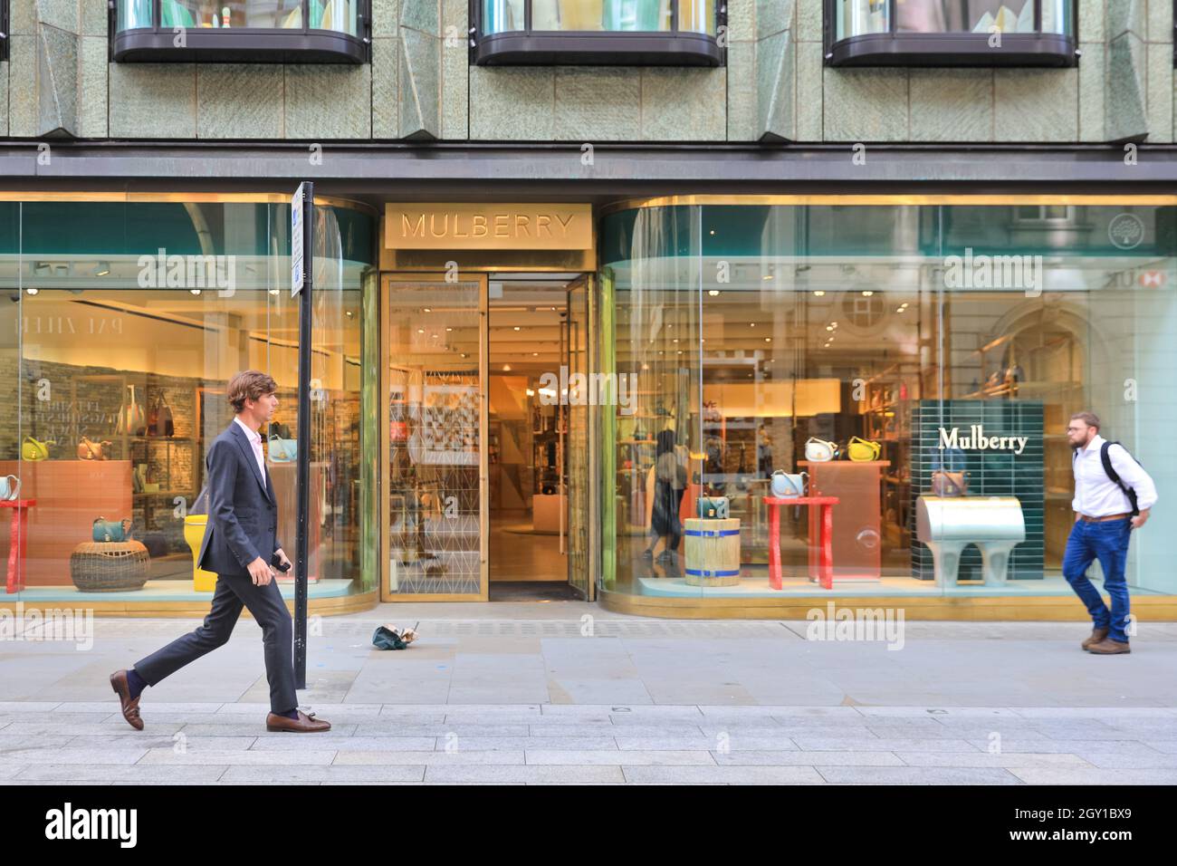 Mulberry, luxury handbag and accessories brand shop, store exterior on