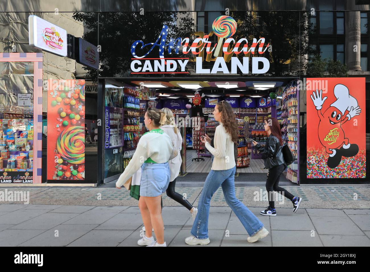 American Candy Land sweet shop, people and store exterior on Oxford Street, London, England Stock Photo