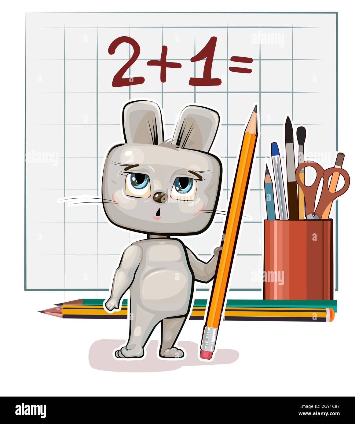 Cute Hare baby is trying to count. Studying numbers and counting. Funny animal kid. Stationery and pencil. Writes in notebook. Mathematics Stock Vector