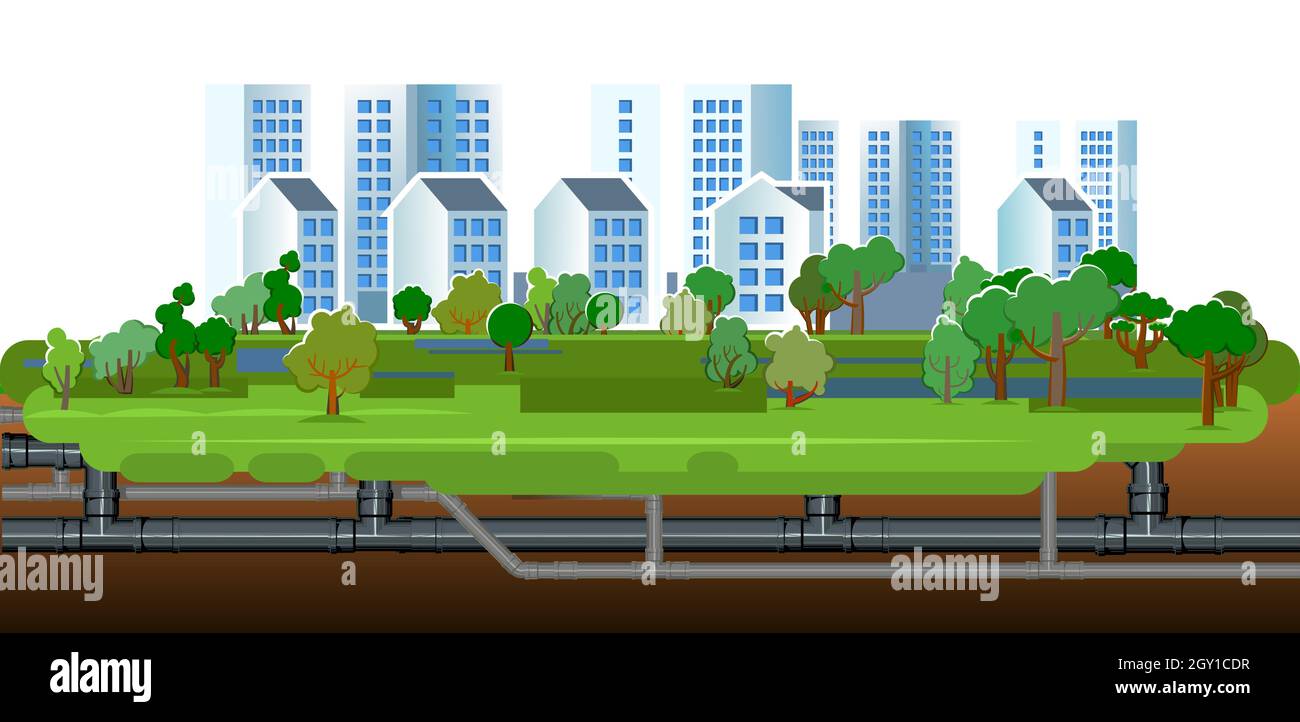 Pipeline for various purposes. Engineering town buildings. Underground part of system. Isolated Illustration vector Stock Vector