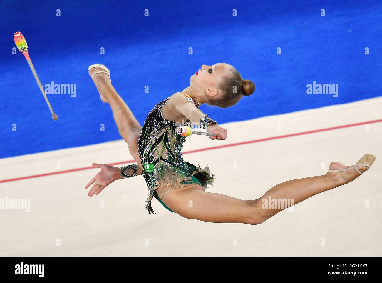 Russia, Moscow, 04.10.2021, The 8th Olimpico Rhythmic Gymnastics Tournament for the prizes of Olympic champion Yulia Barsukova at the Irina Viner-Usmanova Gymnastics Palace. Russian gymnast Arina Yankovskaya performing in the individual club routine at international competitions. 04.10.2021 Russia, Moscow  Credit: Kommersant Photo/Ivan Vodop'janov/Sipa USA Stock Photo