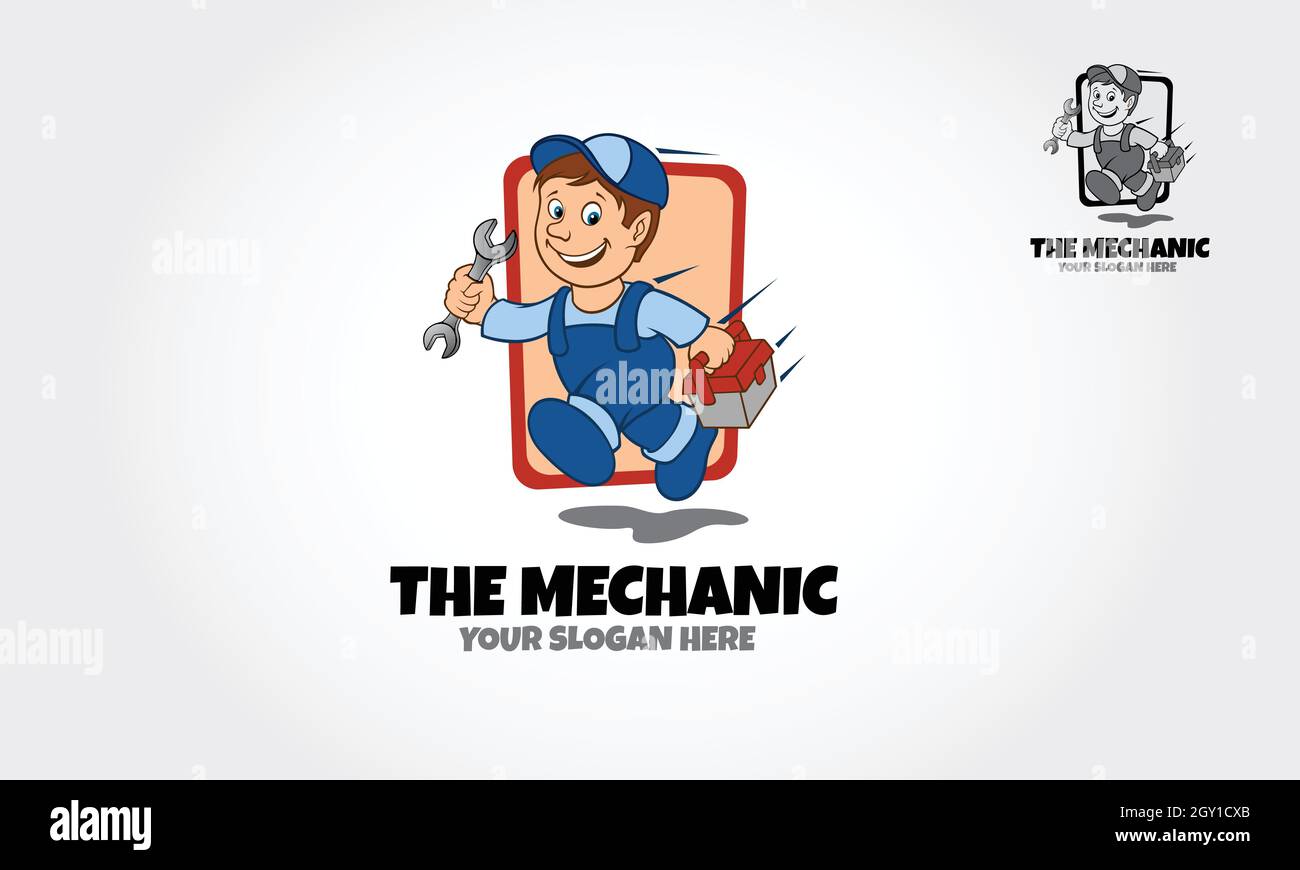 The Mechanic Vector Logo Cartoon. Vector logo illustration of an auto mechanic cartoon character. Stock Vector