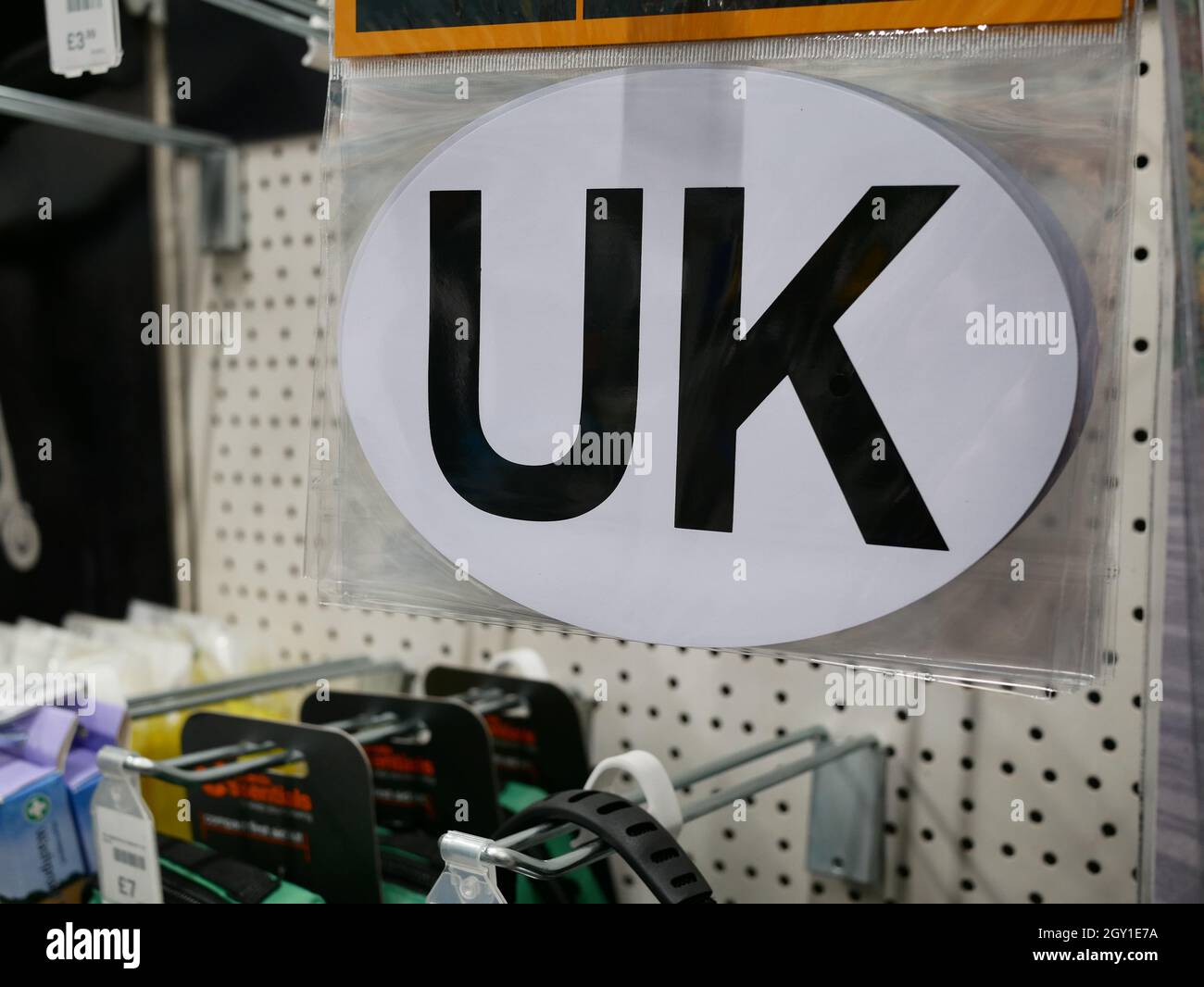 UK identifier car sticker for sale in a Halfords store. When travelling