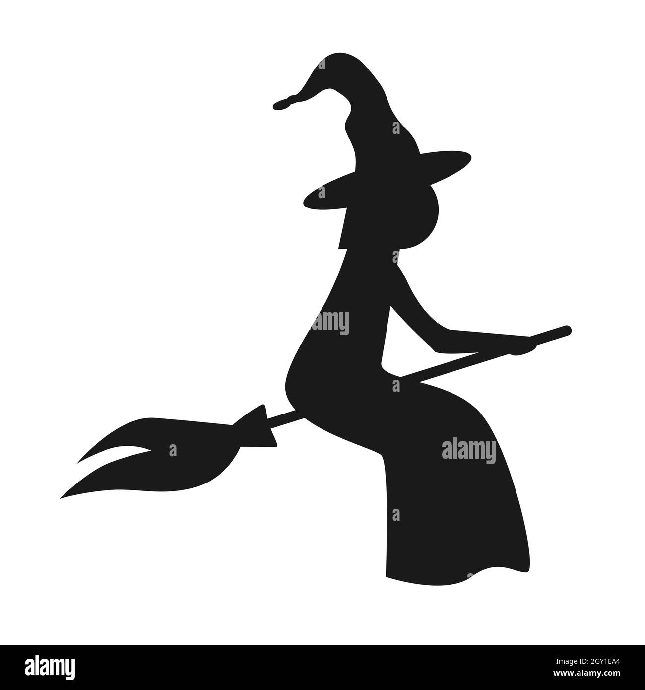 Halloween witch flying on the broom. Black silhouette isolated on white, vector icon illustration Stock Vector