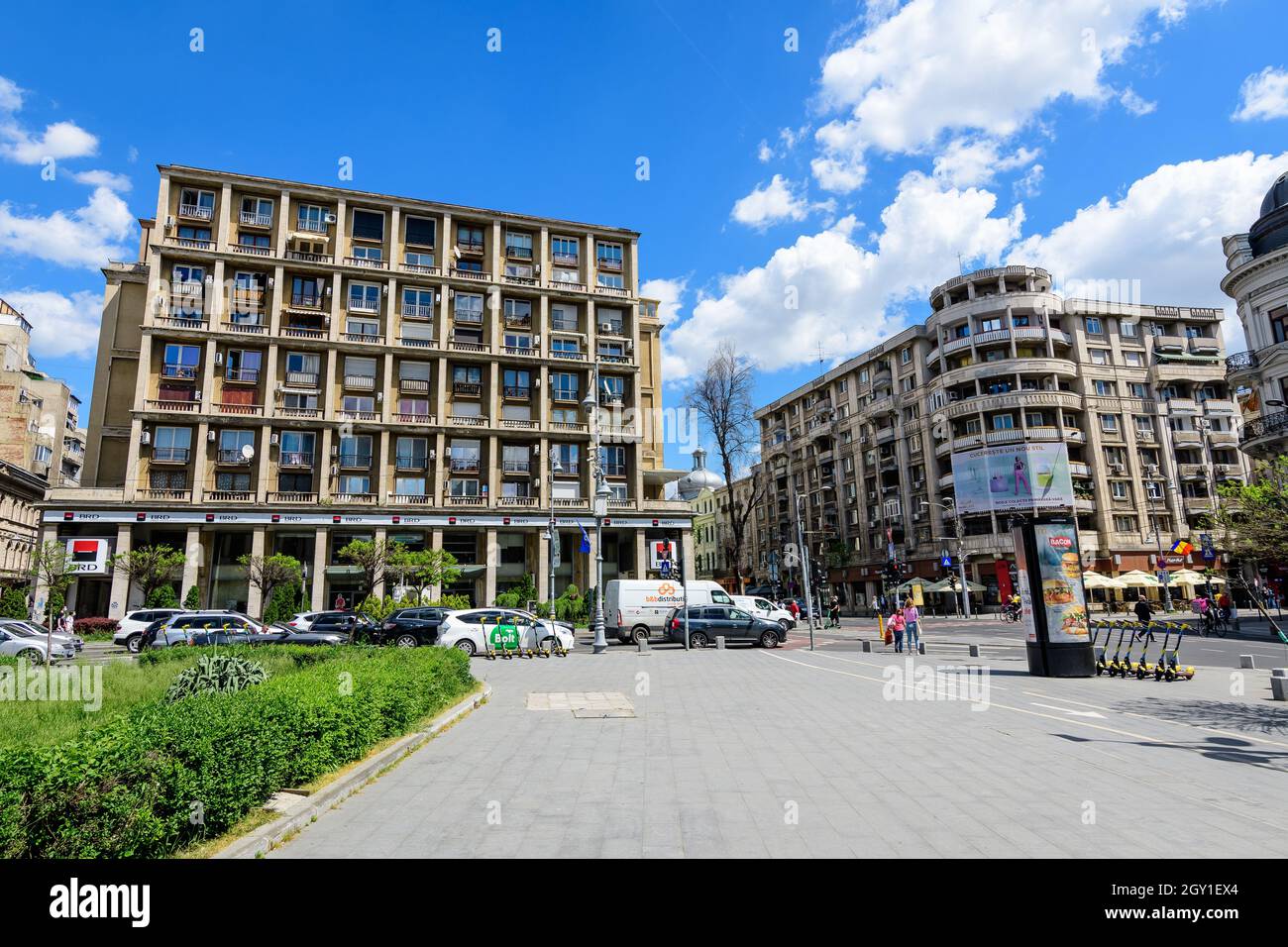 Bucharest, Romania - 6 May 2021: BRD Societe Generale Bank Bank branch entrance in an old building on Calea Victoriei (Victoriei Avenue) in a sunny sp Stock Photo