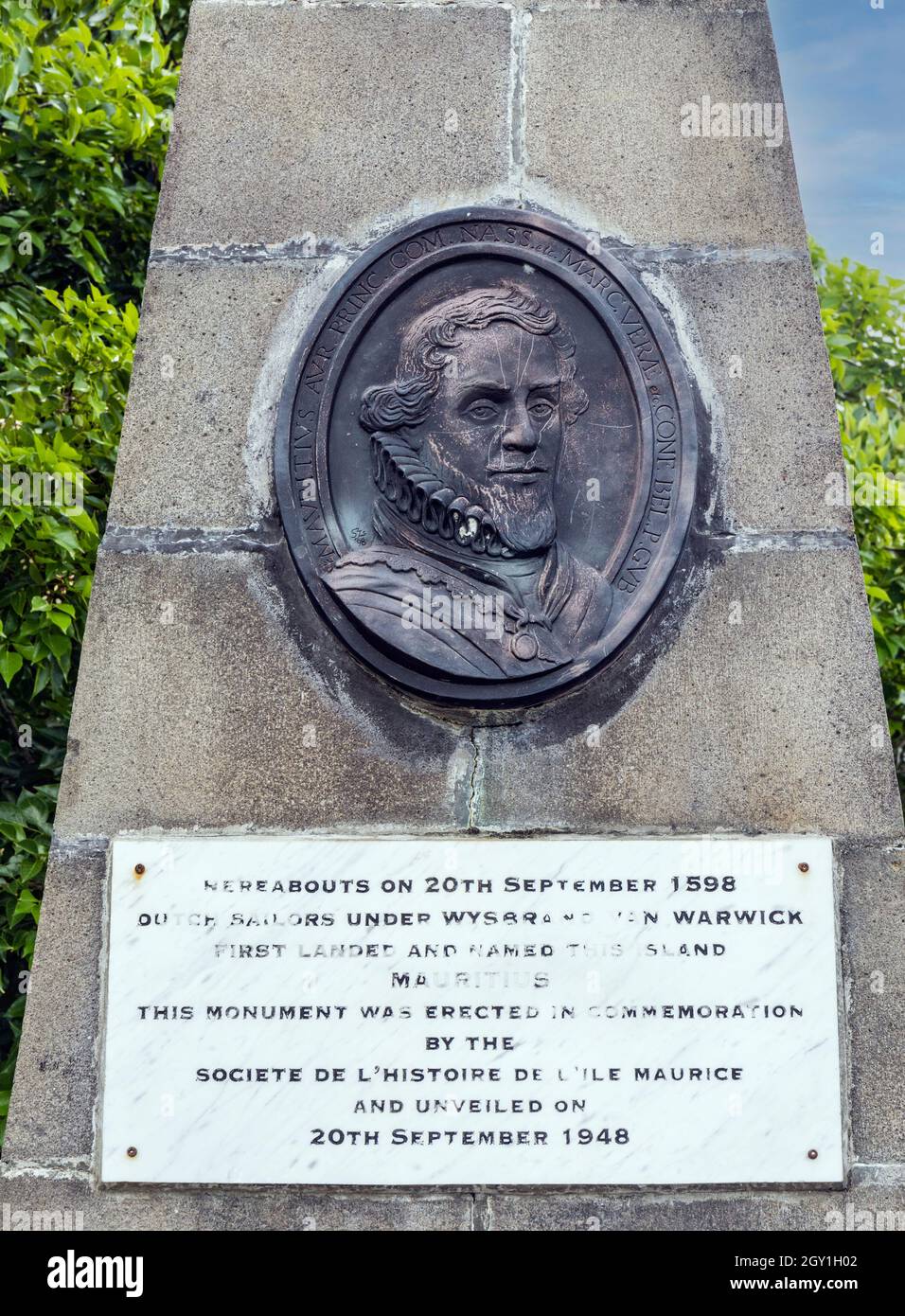 Monument near Grand Port commemorating  the landing of Dutch sailors under the command of  Vice-Admiral Wybrandt van Warwyck on Mauritius, Mascarene I Stock Photo