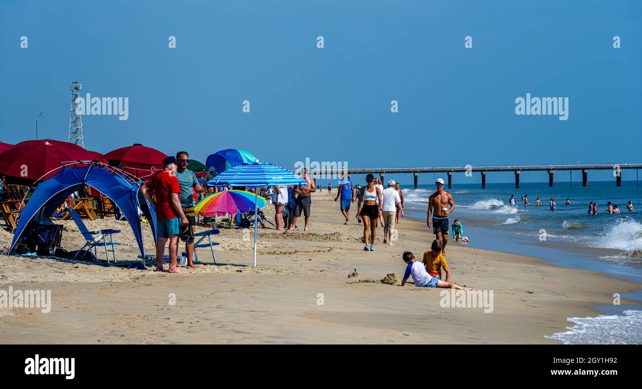 Duck, NC, USA August 12, 2021. Landscape photo of a crowded beach in