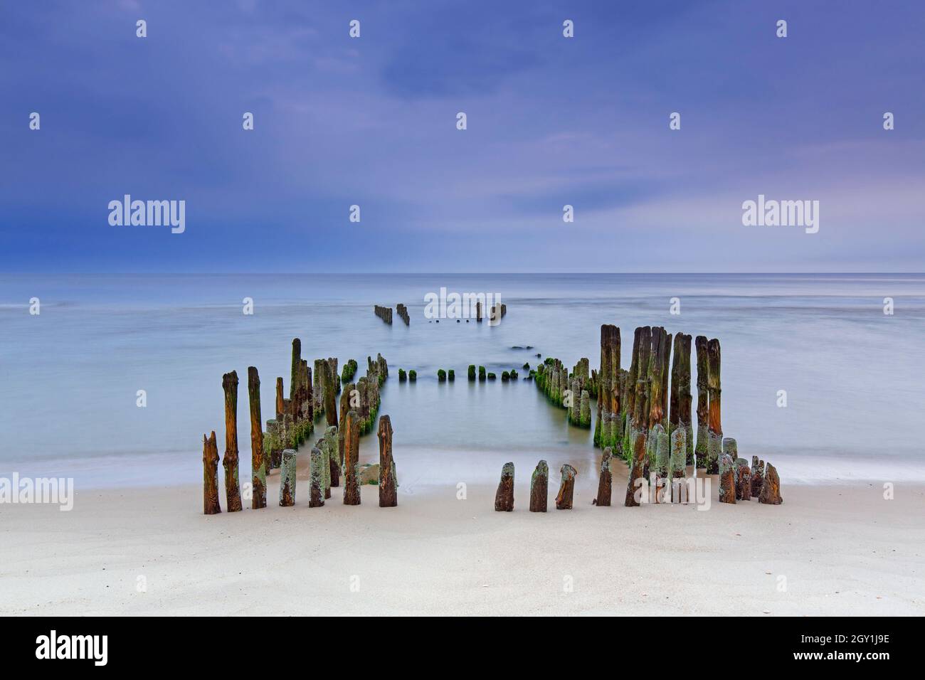 Remnant of old weathered wooden groyne / groin / breakwater on the beach of Rantum on the island Sylt, Nordfriesland, Schleswig-Holstein, Germany Stock Photo