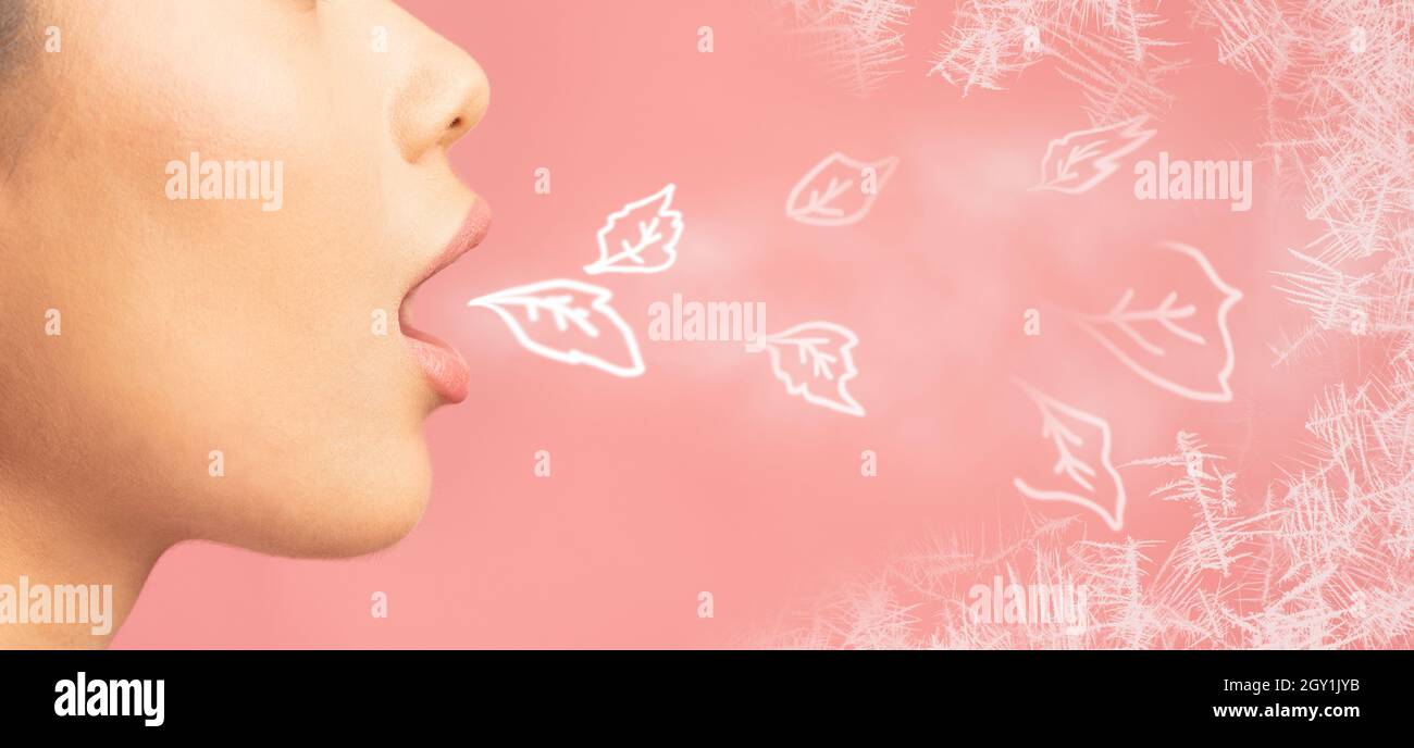 Fresh Breath. Drawned Mint Leaves Flying Out Of Young Woman's Mouth, Collage Stock Photo