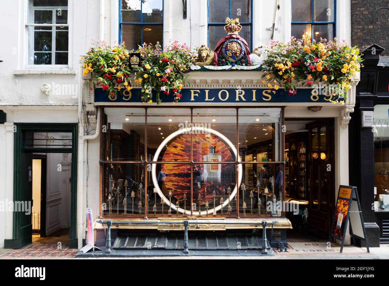 The facade of the Floris perfume shop at 89 Jermyn Street in London, England. Floris was established in 1730 and remains a family-run business. Stock Photo