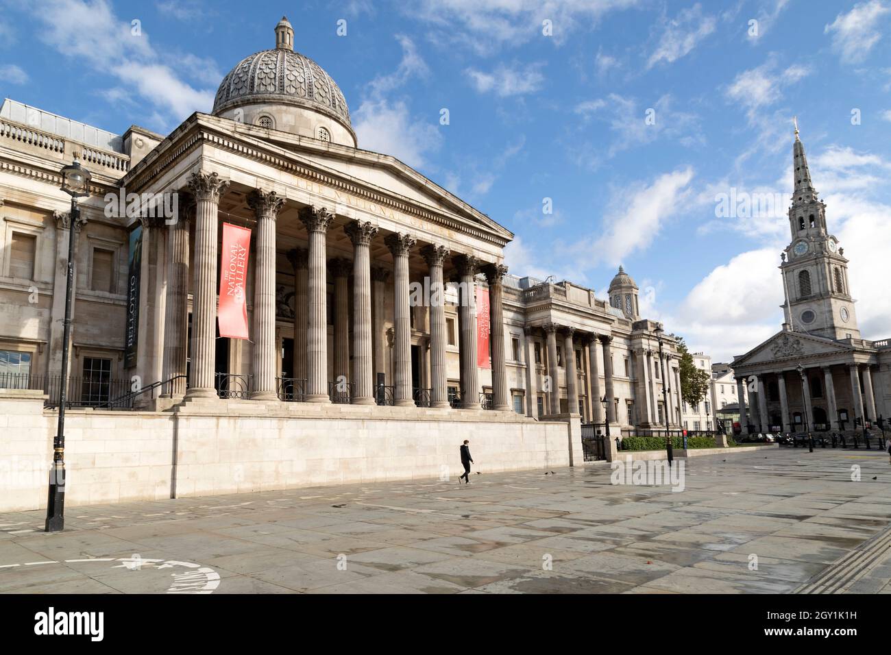 The National Gallery at Trafalgar Square in London, England. The Neoclassical building was designed by William Wilkins and stands across the street fr Stock Photo