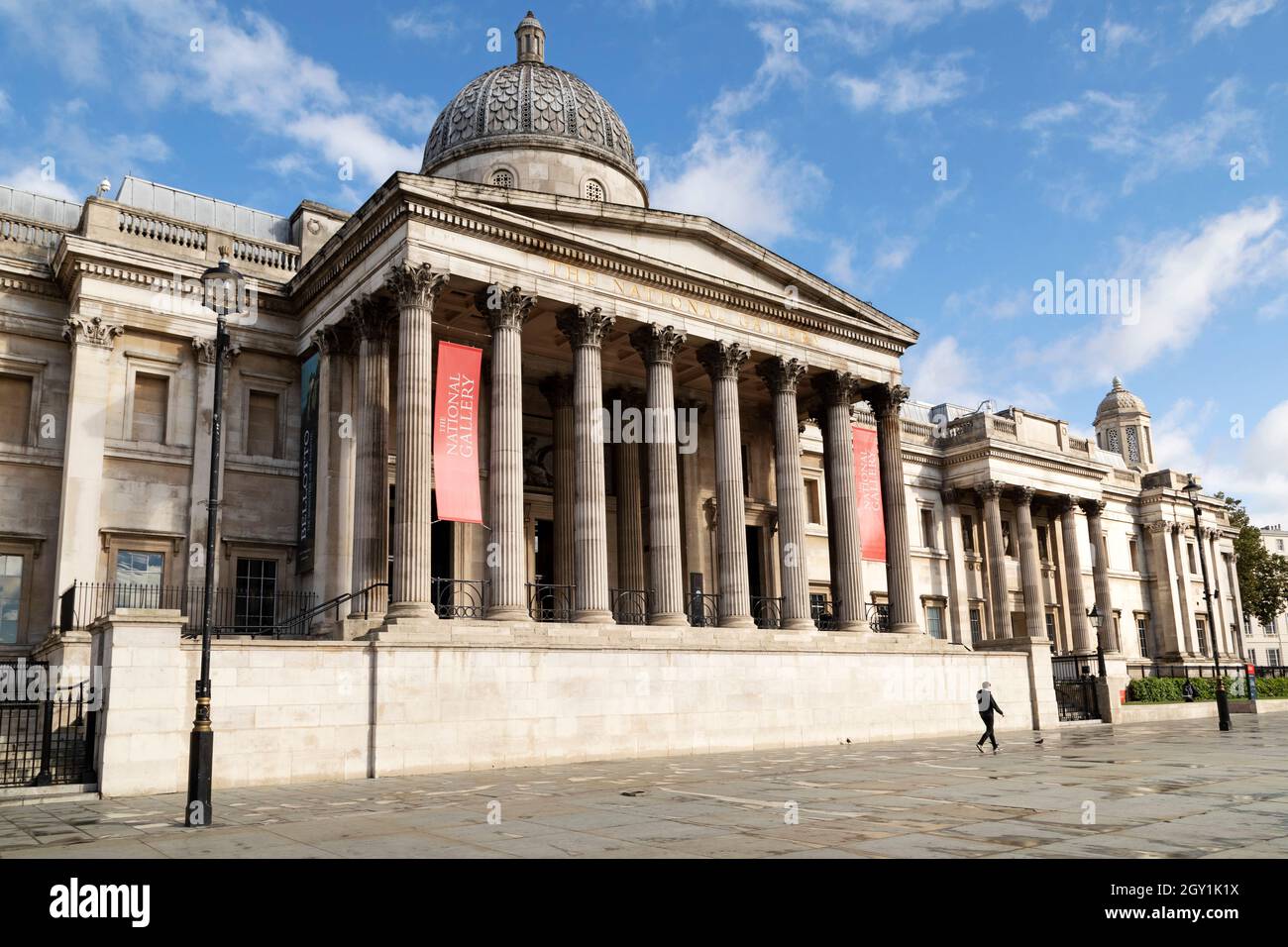 The National Gallery at Trafalgar Square in London, England. The Neoclassical building was designed by William Wilkins. Stock Photo