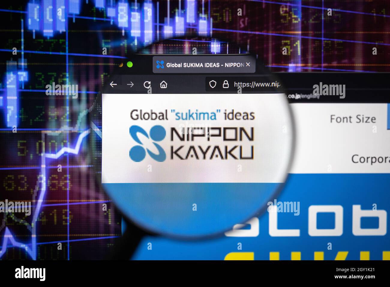 Nippon Kayaku company logo on a website with blurry stock market