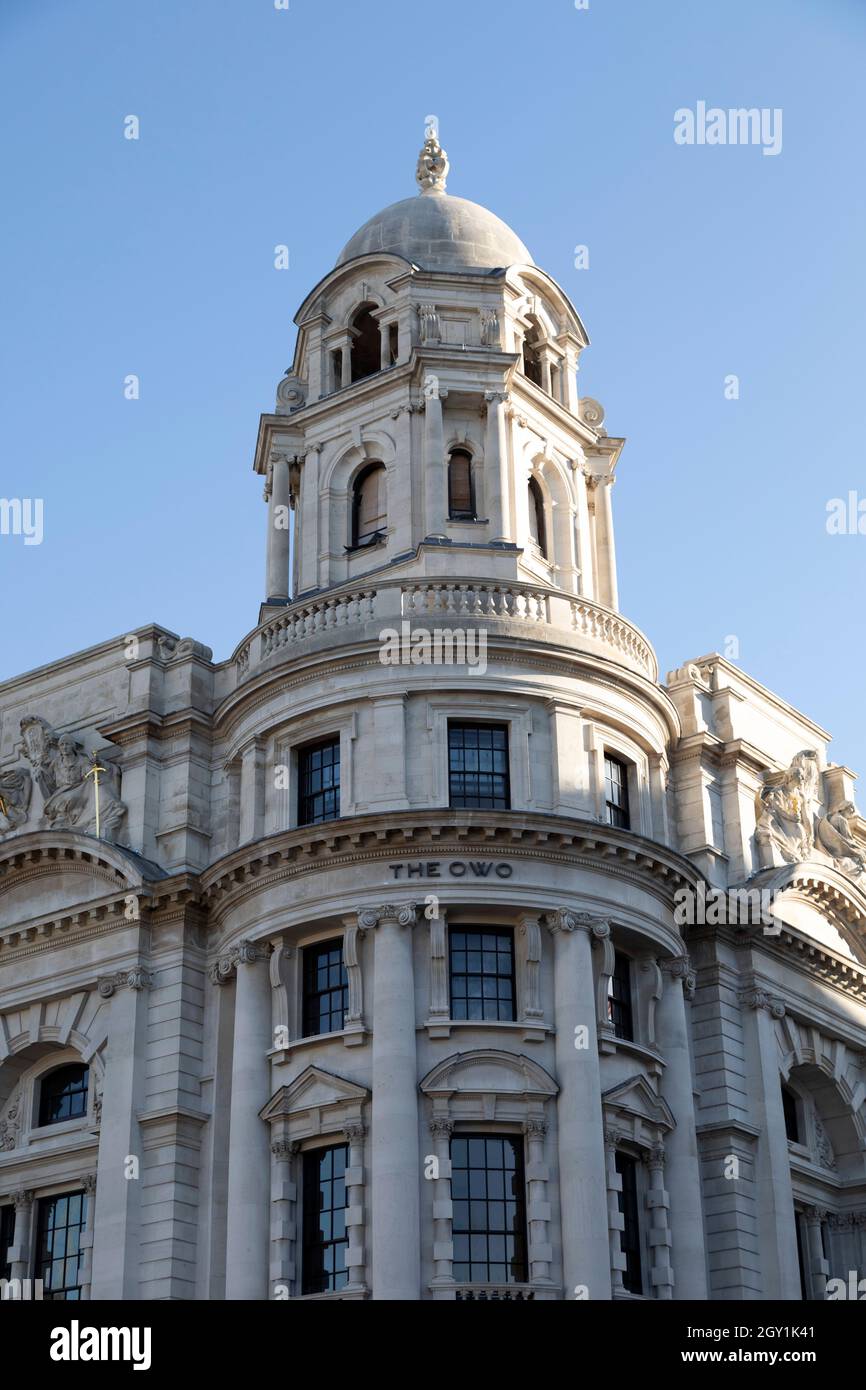 Tower of The Owo at Whitehall in London, England. The Old War Office Building was developed into luxury apartments by the Raffles luxury hotel. Stock Photo