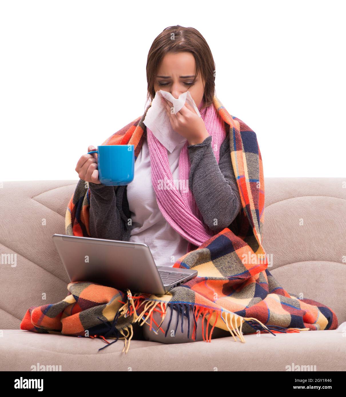 The young woman drinking tea during fever Stock Photo Alamy