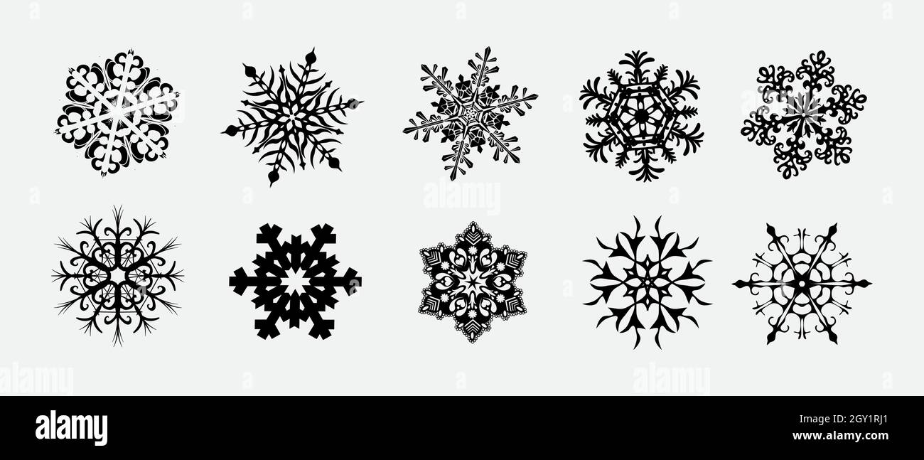 snowflake winter vector, set of black isolated icon silhouette on white ...