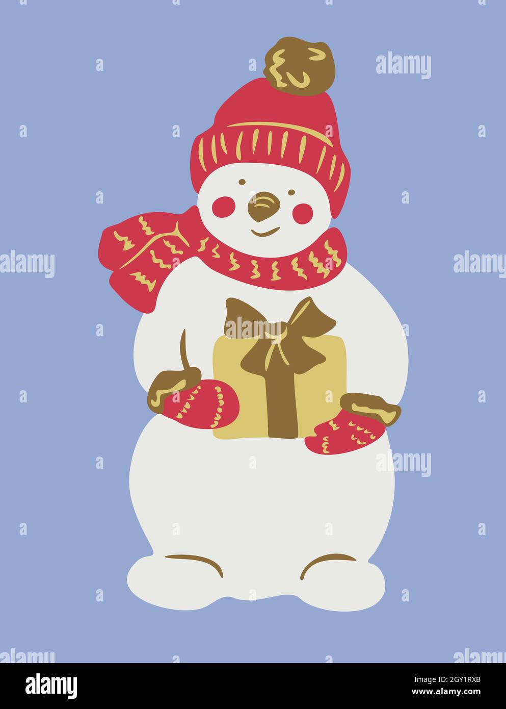 Vector illustration of snowman with present in his hands. Isolated snowman is wearing cap, scarf and gloves. Stock Vector