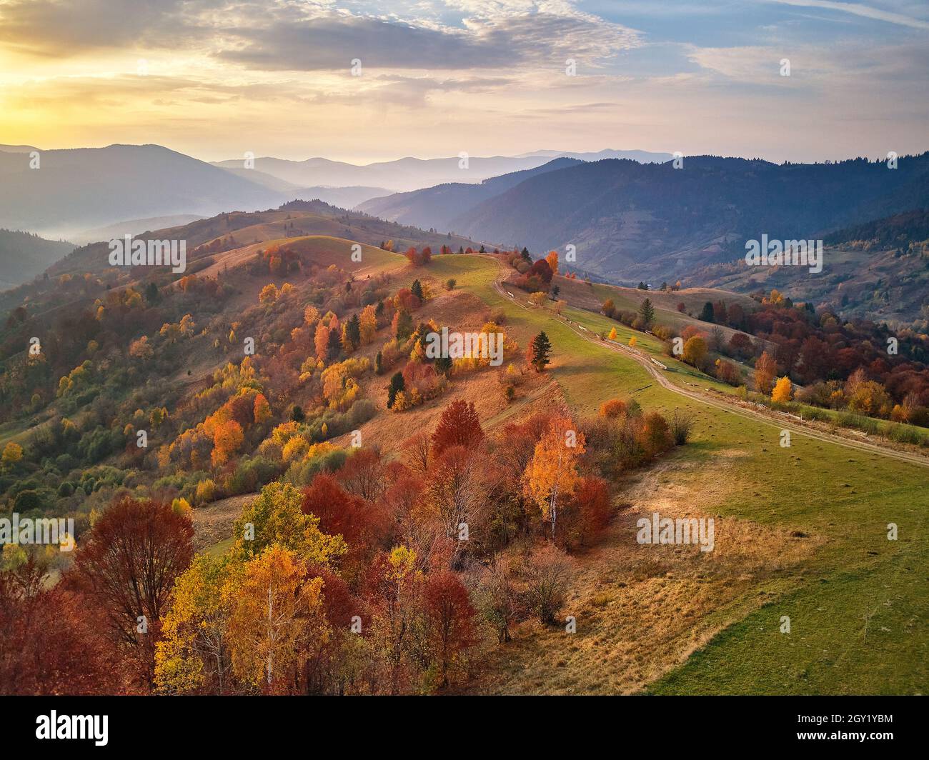 Beautiful mountain autumn landscape with meadow and colorful forest ...