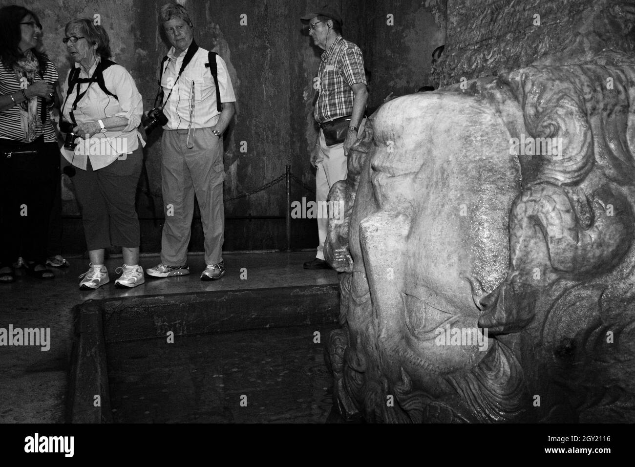 Istanbul, Turkey; May 26th 2013: Sculpture of the head of Medusa in the Basilica Cistern. Stock Photo