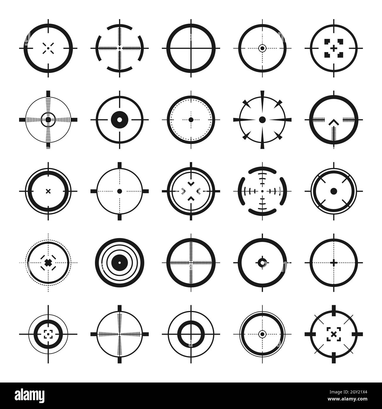 Crosshair, gun sight vector icons. Bullseye, black target or aim symbol. Military rifle scope