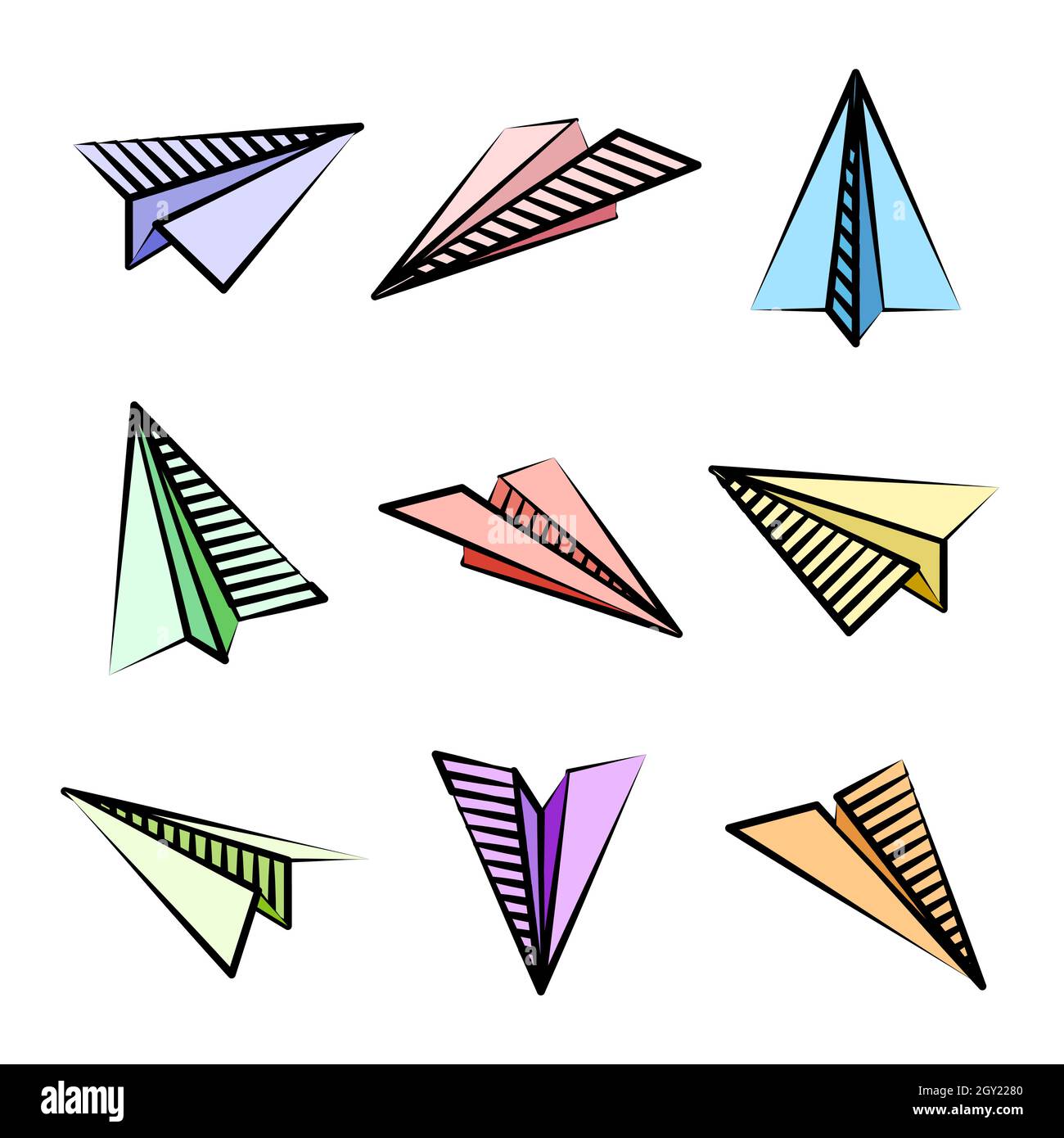 Various hand drawn paper planes. Colorful doodle airplanes. Aircraft