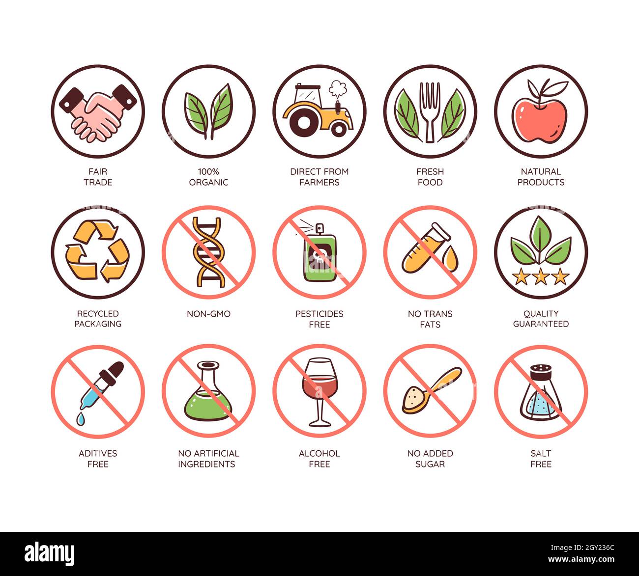 Food quality icon set. Qualities of food and their production. Free harmful substances. Fresh and natural products. Hand drawn colorful vector icons. Stock Vector
