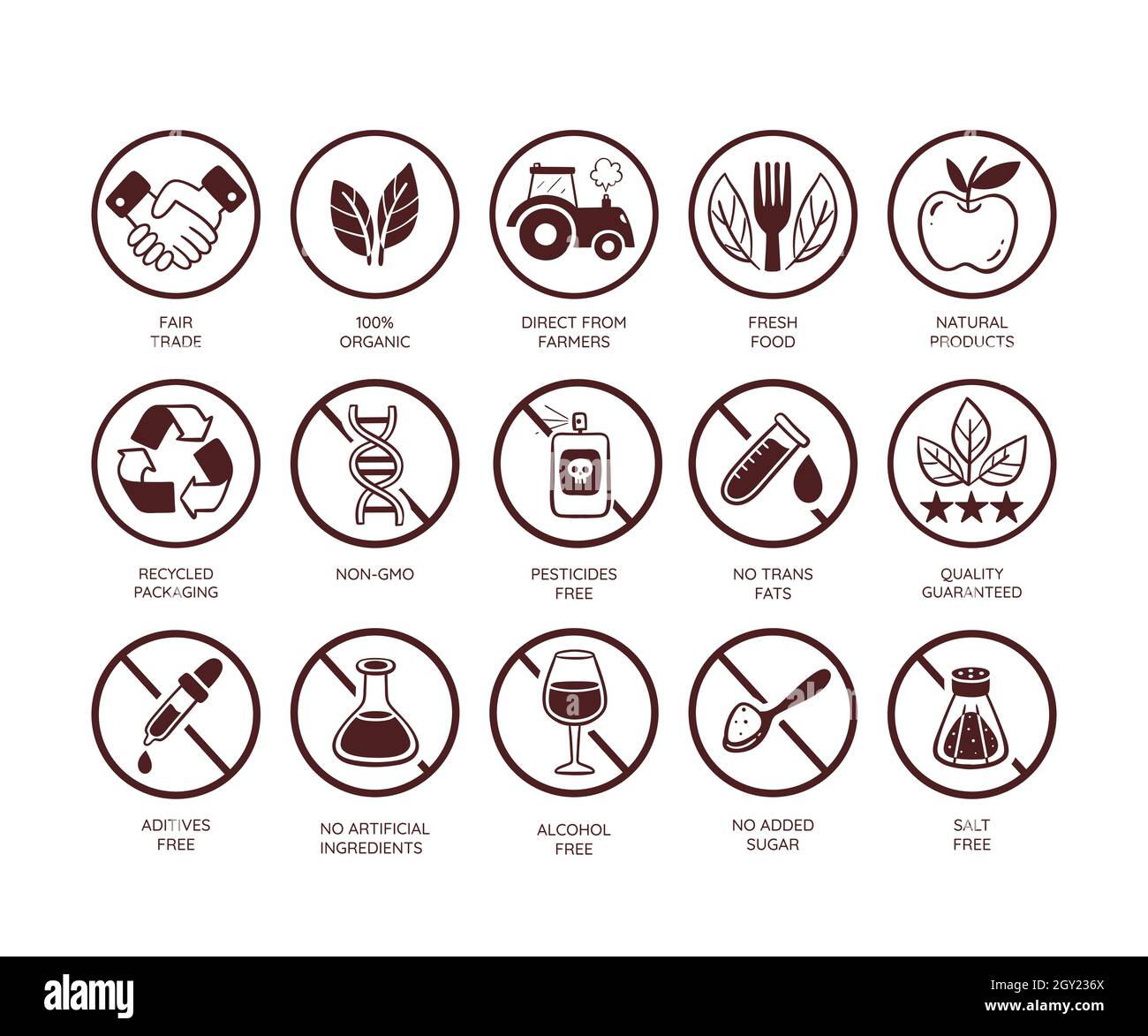 Food quality icon set. Qualities of food and their production. Free harmful substances. Fresh and natural products. Hand drawn vector icons. Stock Vector