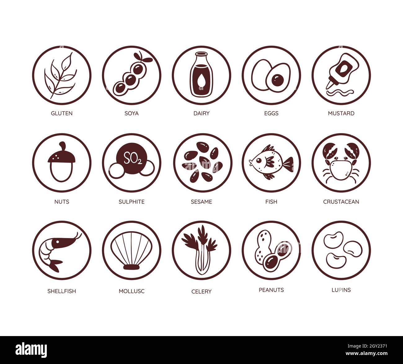Food allergen icon set. Icons of the main ingredients that must be declared as allergens. Very useful for restaurant menus and meals. Monochromatic ve Stock Vector