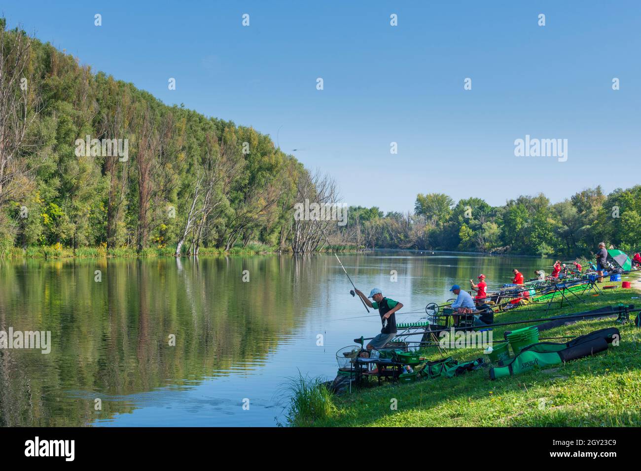 Györ (Raab): fishing competition in arm of river Mosoni Duna in , Györ-Moson-Sopron, Hungary Stock Photo