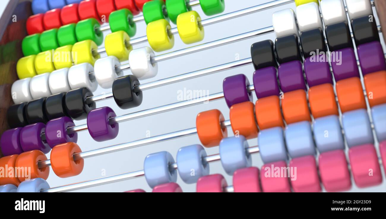 Abacus, count learning traditional school equipment with colorfoul beads, close up view. Basic maths addition and subtraction for elementary students Stock Photo