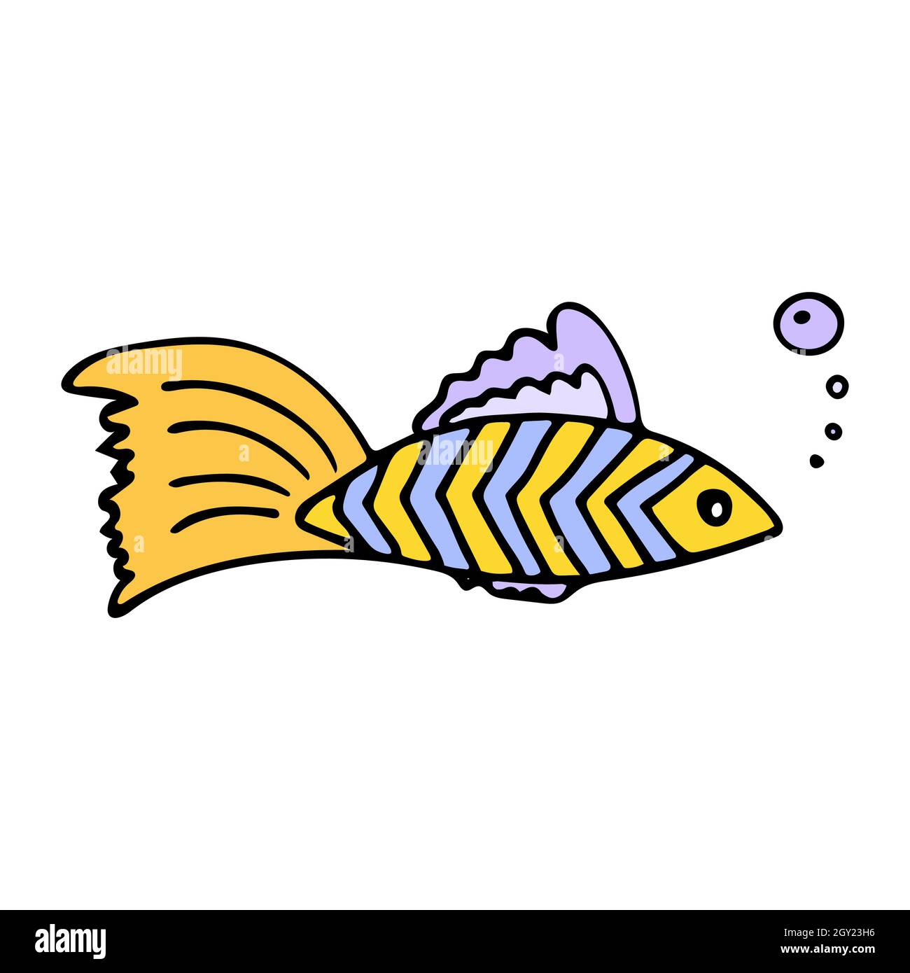Colored fish with air bubbles in doodle style. Design elements. Stock Vector