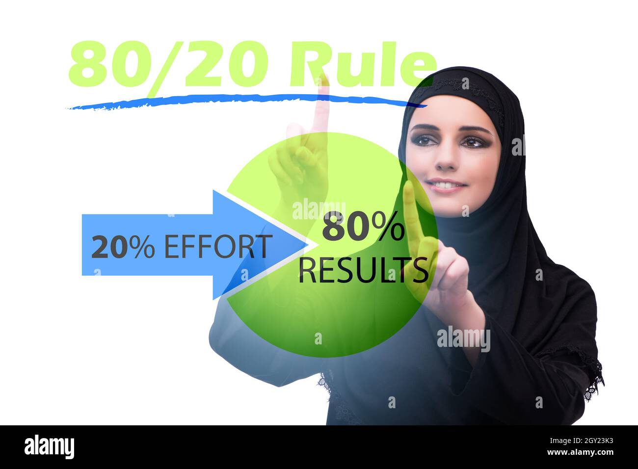 View of Businesswoman in the pareto rule illustration Stock Photo - Alamy