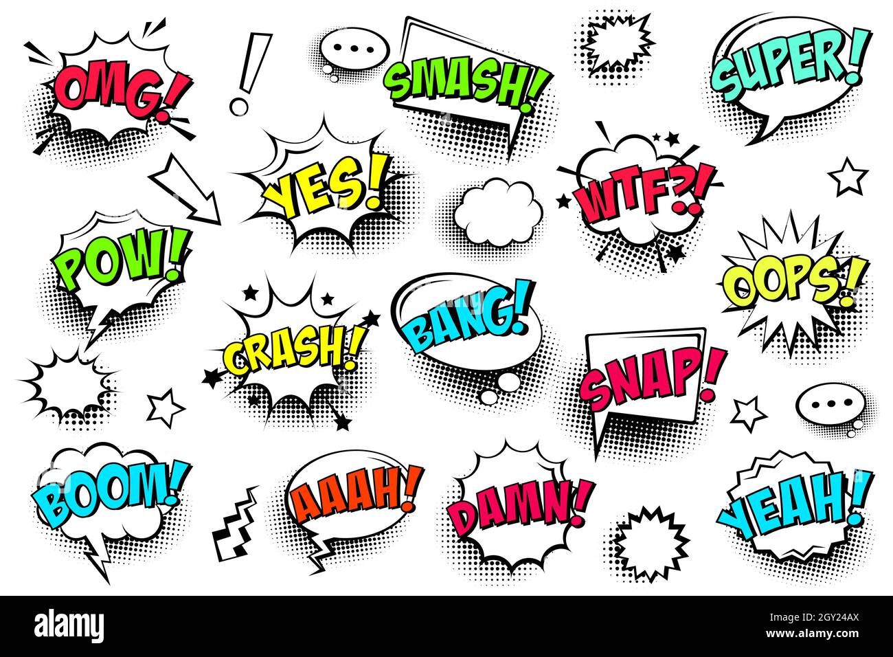 Comic speech bubbles with halftone shadows and colorful text isolated ...