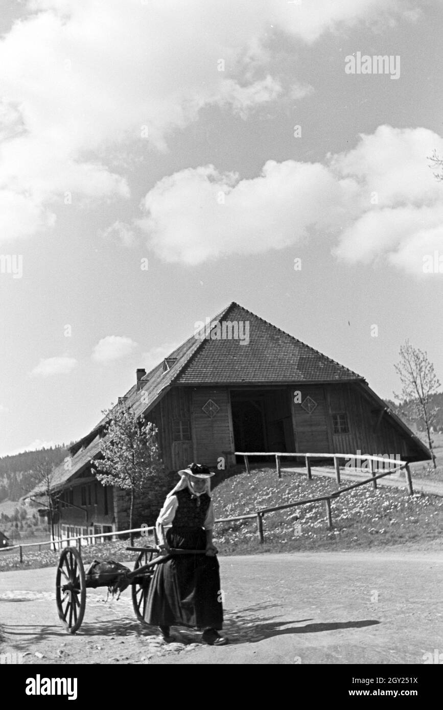 Eine alte Frau in Tracht zieht einen Holzkarren entlang der Straße im Schwarzwald, Deutschland 1930er Jahre. An old woman wearing a garb is pulling a wooden cart along the street in the Black Forest, Germany 1930s. Stock Photo