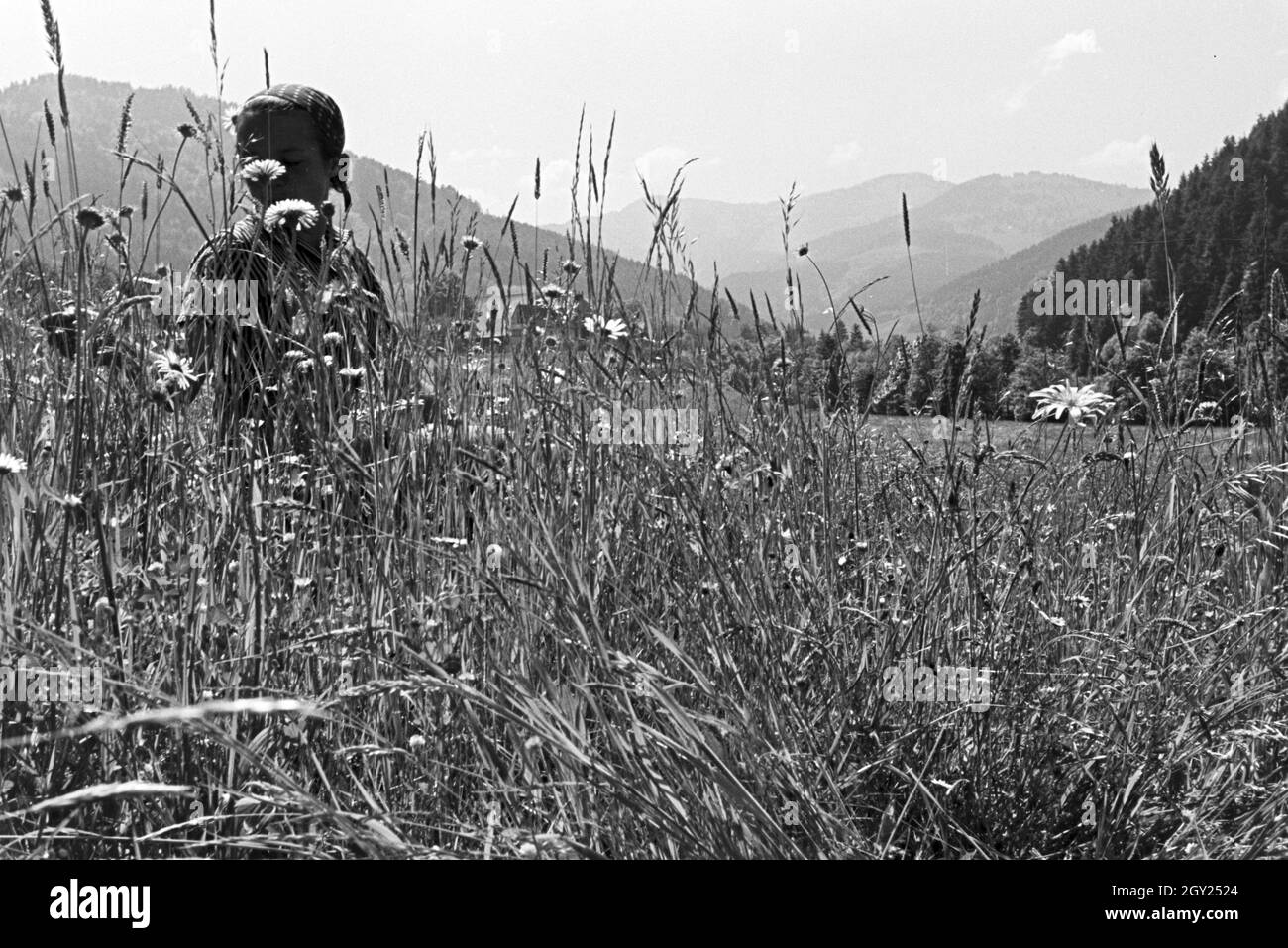 Eine junge Frau auf einer Wiese vor einem alten Haus im Schwarzwald, Deutschland 1930er Jahre. A young woman lying on a meadow in front of an old house in the Black Forest, Germany 1930s. Stock Photo