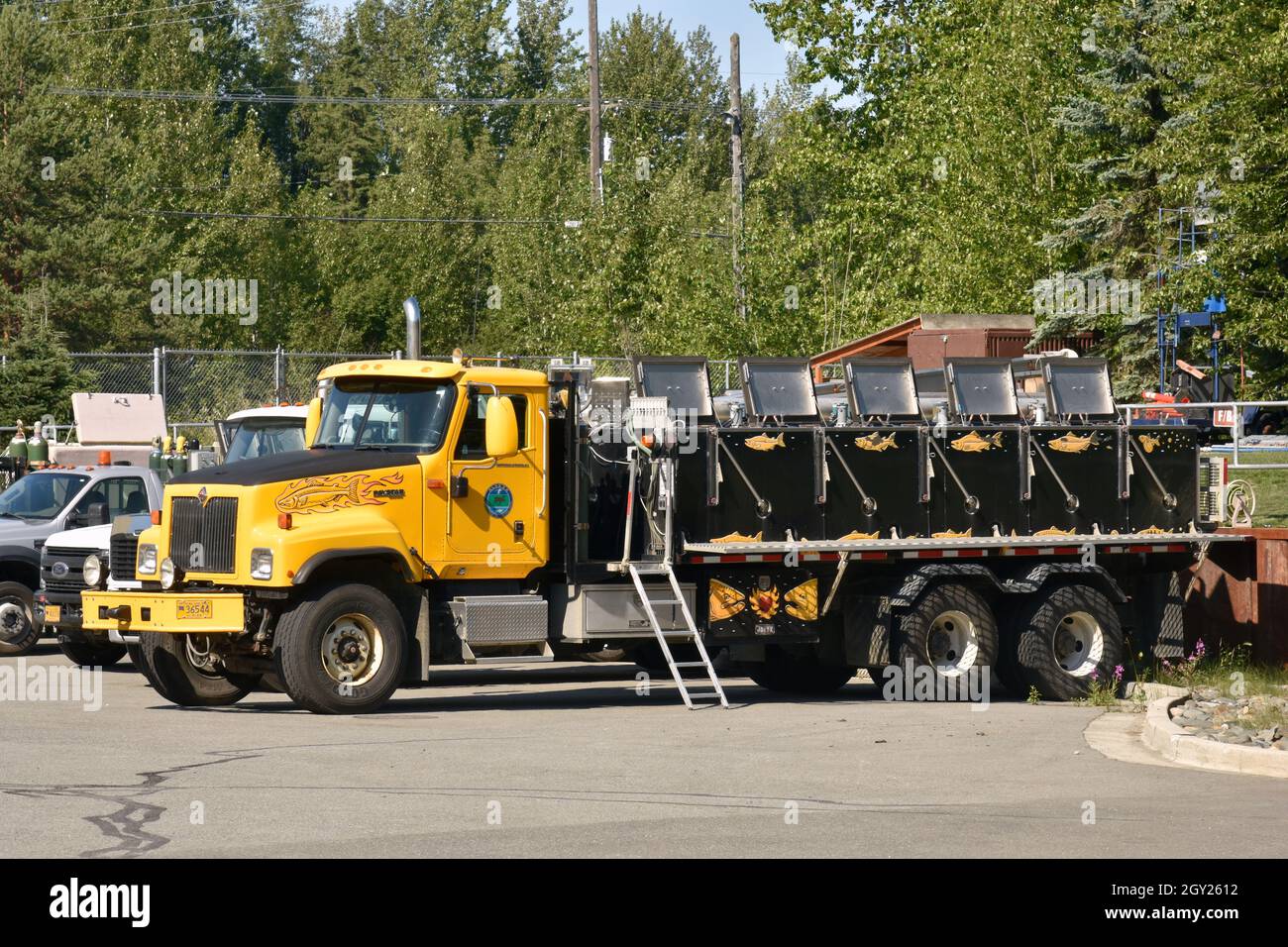 Truck with tanks used to transport live fish, William Jack Hernandez Sport Fish Hatchery, Anchorage, Alaska, USA Stock Photo