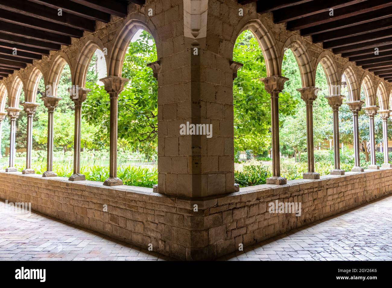 Barcelona, Spain - September 24, 2021: The cloister of the Monastery of Pedralbes. Is a Gothic monastery in Barcelona, Catalonia, Spain Stock Photo